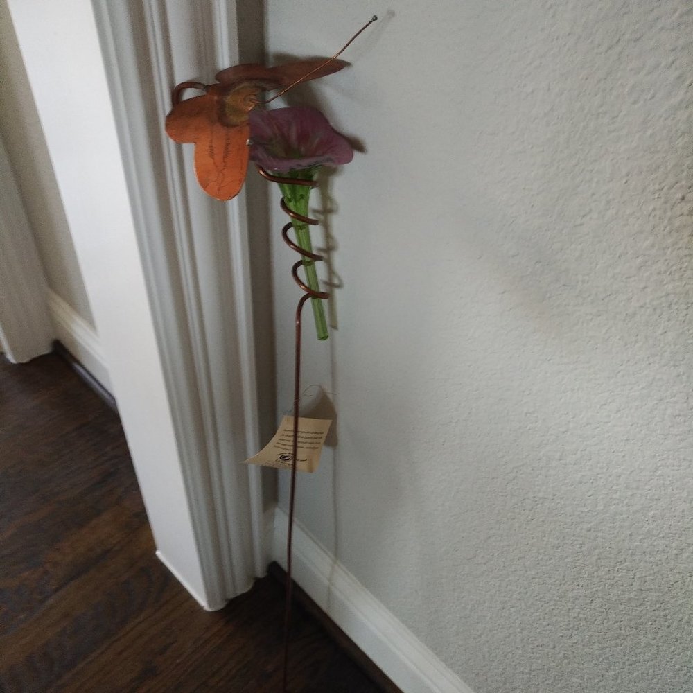 NEW COPPER BUTTERFLY FEEDER WITH PINK GLASS FLOWER
